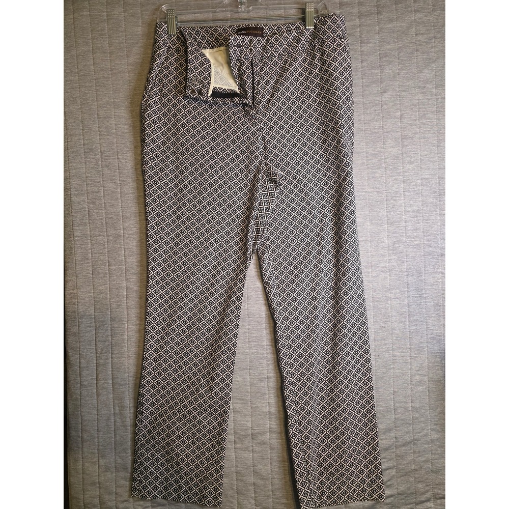 1432 Dana Buchman Womens 10 Geometric Diamond Print Straight Leg Pants Blk White
